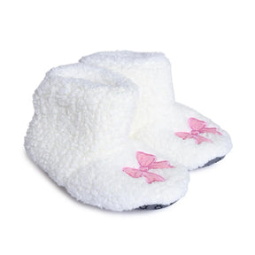 HelloBaby Bow Embroidered Soft Fleece Baby Slippers (UK 5 to 8.5) White - ebebek