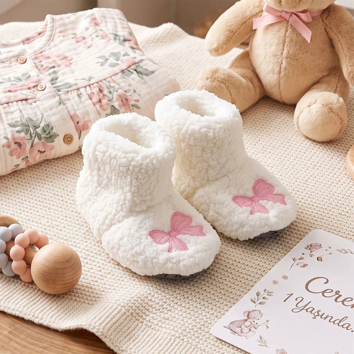 HelloBaby Bow Embroidered Soft Fleece Baby Slippers (UK 5 to 8.5) White - ebebek