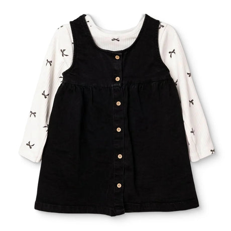 HelloBaby Bow Print Denim Dungarees & Long Sleeve T-Shirt Set (6-9 Months to 4-5 Years) Anthracite - ebebek