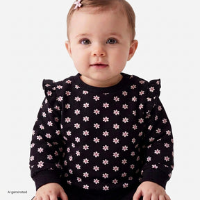 A baby girl wearing a black long-sleeve top with a pink cherry blossom pattern, photographed against a clean white background.