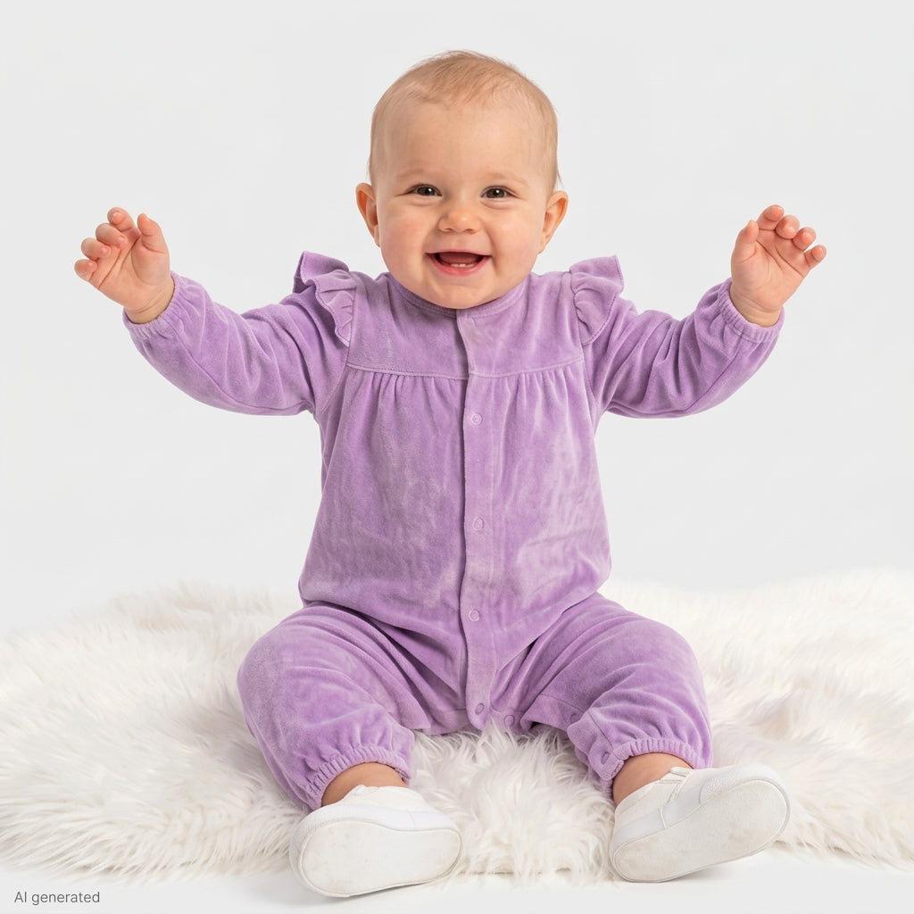 HelloBaby Frill Shoulder Footless Velour Baby Sleepsuit (Newborn to 6-9 Months) Lilac - ebebek