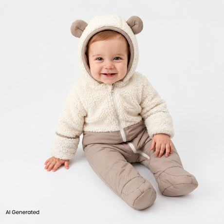 Midimod Hooded Zip-Up Soft Fleece Baby Pramsuit (1-3 Months to 12 Months) Ecru - ebebek