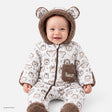 Midimod Animal Print Hooded Lined Fleece Baby Pramsuit (1-3 Months to 12 Months) Ecru Printed - ebebek