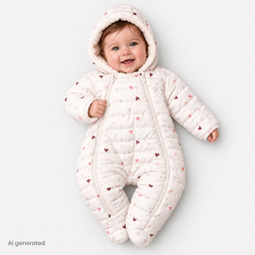 Verscon Hooded Heart Print Fleece Baby Pramsuit (9-12 Months to 18 Months-2 Years) Ecru Printed - ebebek