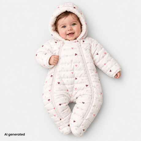 Verscon Hooded Heart Print Fleece Baby Pramsuit (9-12 Months to 18 Months-2 Years) Ecru Printed - ebebek