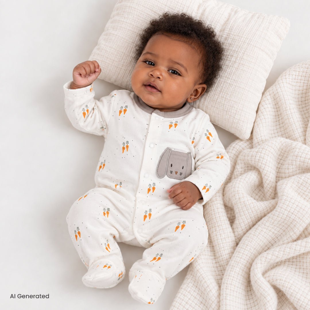 Bebetto Bunny Embroidered Long Sleeve Interlock Baby Sleepsuit with Feet (Newborn to 6-9 Months) Ecru - ebebek