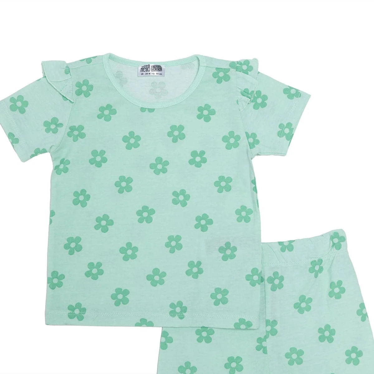 HelloBaby Girls T-shirt & Shorts Set Floral Print - Green Printed Green Printed - ebebek