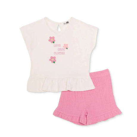 HelloBaby Girls T-shirt & Shorts Set Floral Print Ditsy Flower Crew Neck Short Length Short Sleeve - Ecru Ecru - ebebek