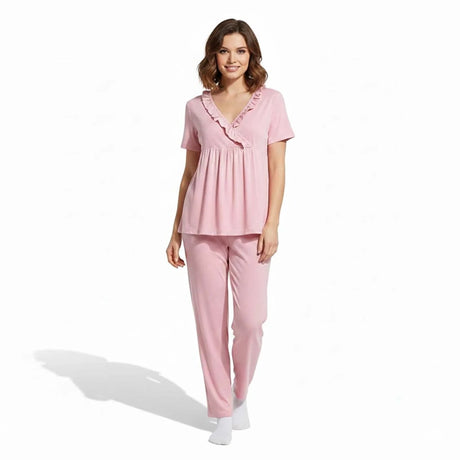 Baby Mom Mother Pyjama Set Decorative Collar Full Length Short Sleeve - Light Pink Light Pink - ebebek