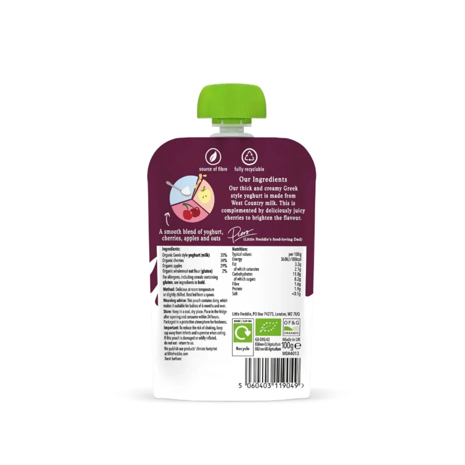 Little Freddie Organic Cherry Greek Style Yoghurt Baby Food Pouch 6+ months 100g - ebebek - Black Friday