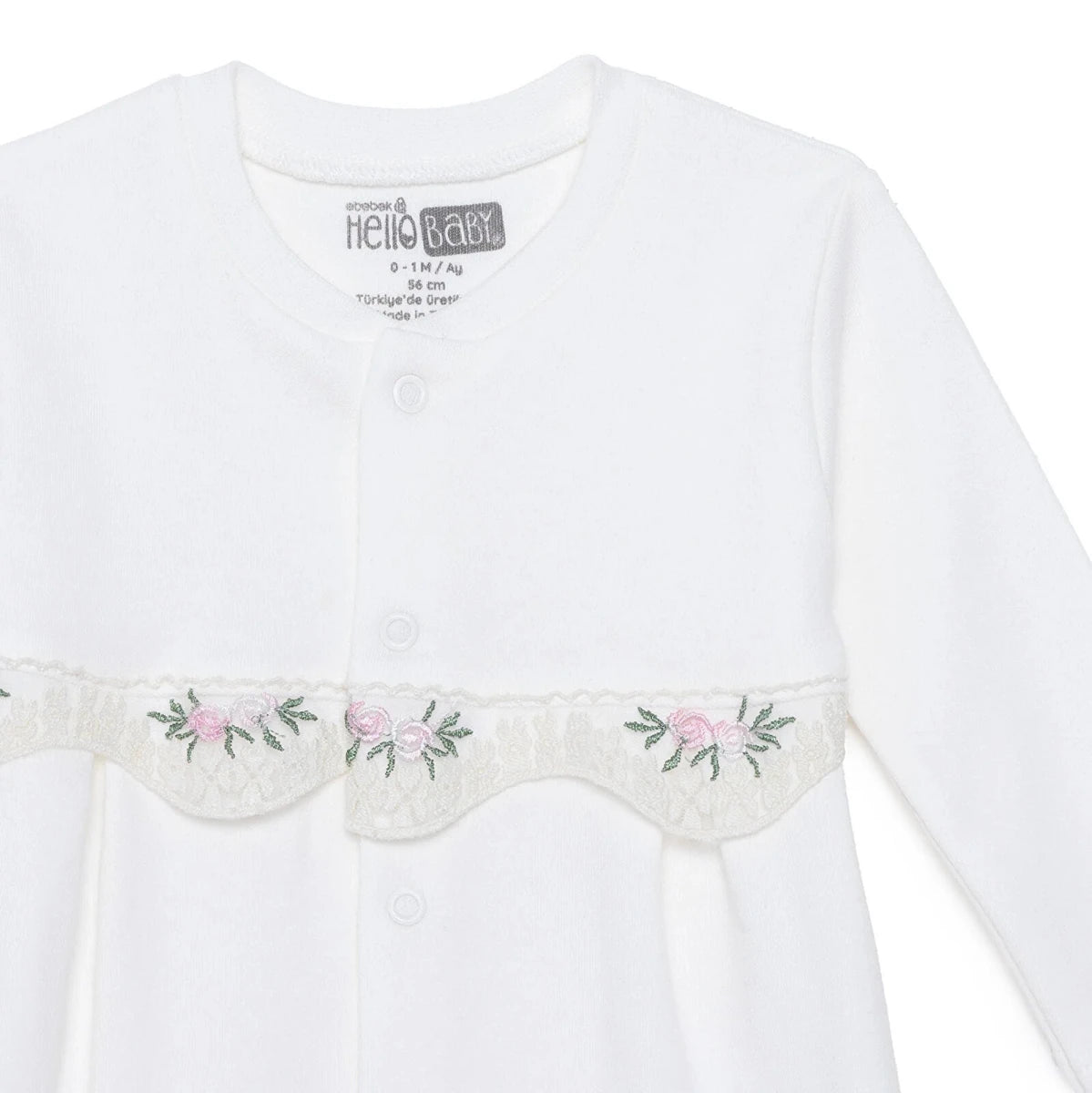 Baby Girl Footed Sleepsuit Floral Print Snap Fastening Crew Neck - White White - ebebek
