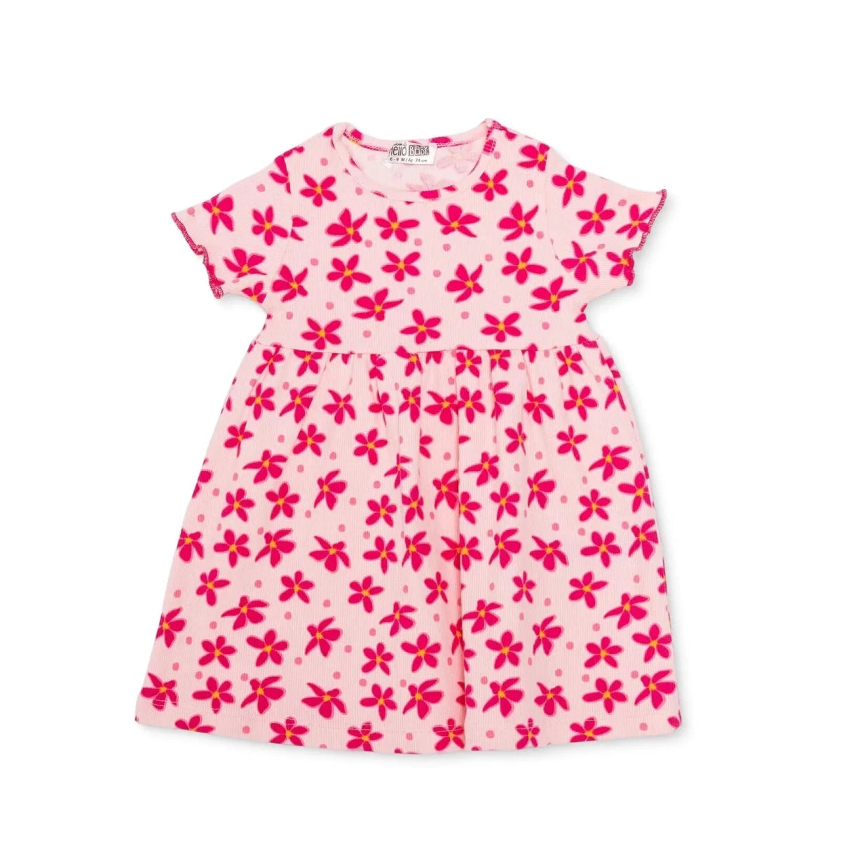 HelloBaby Girls Dress Floral Print Buttoned Crew Neck Short Sleeve - Pink Printed Pink Printed - ebebek