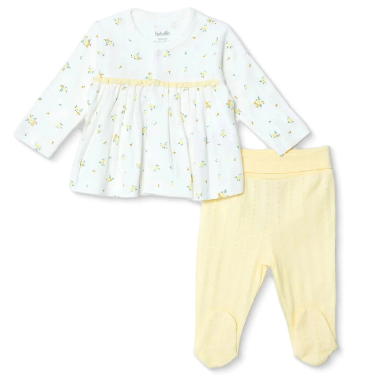 Bebetto Girls Cardigan & Footed Trousers Set Floral Print Snap Fastening Bloom Crew Neck Full Length - Yellow Yellow - ebebek