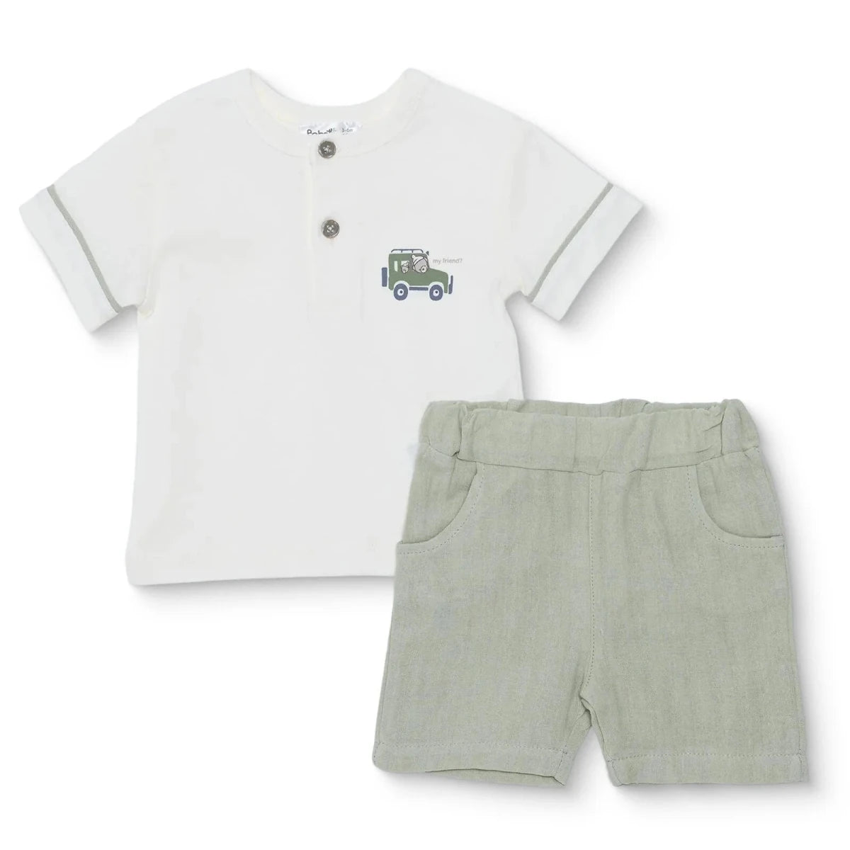 Bebetto Boys T-shirt & Shorts Set Car Print Buttoned Adventure Crew Neck Short Length Short Sleeve - Green Green - ebebek