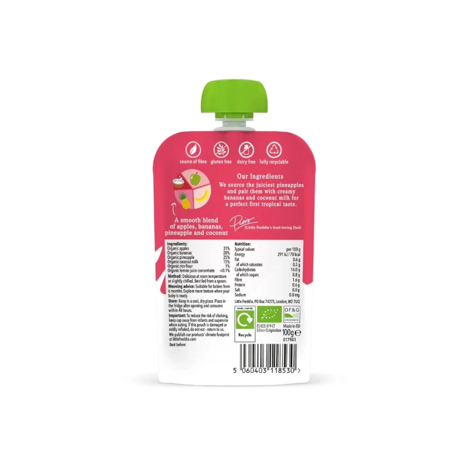 Little Freddie Organic Good for Brains Coconut & Tropical Fruits Baby Food Pouch with Omega 3 6+ months 100g - ebebek - Black Friday