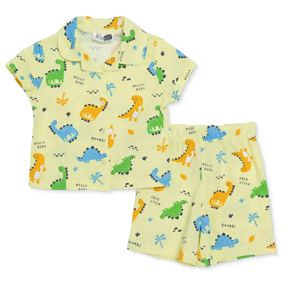 Baby Boy Short Sleeve Pyjamas Set Dinosaur Print Buttoned Shirt Collar - Green Green - ebebek
