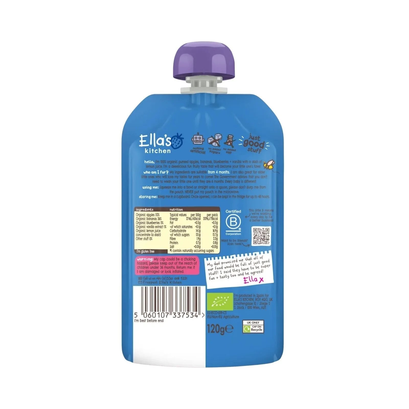 Ella's Kitchen Organic Blueberries Apples Bananas & Vanilla Baby Food Pouch 4+ months 120g - ebebek - Black Friday