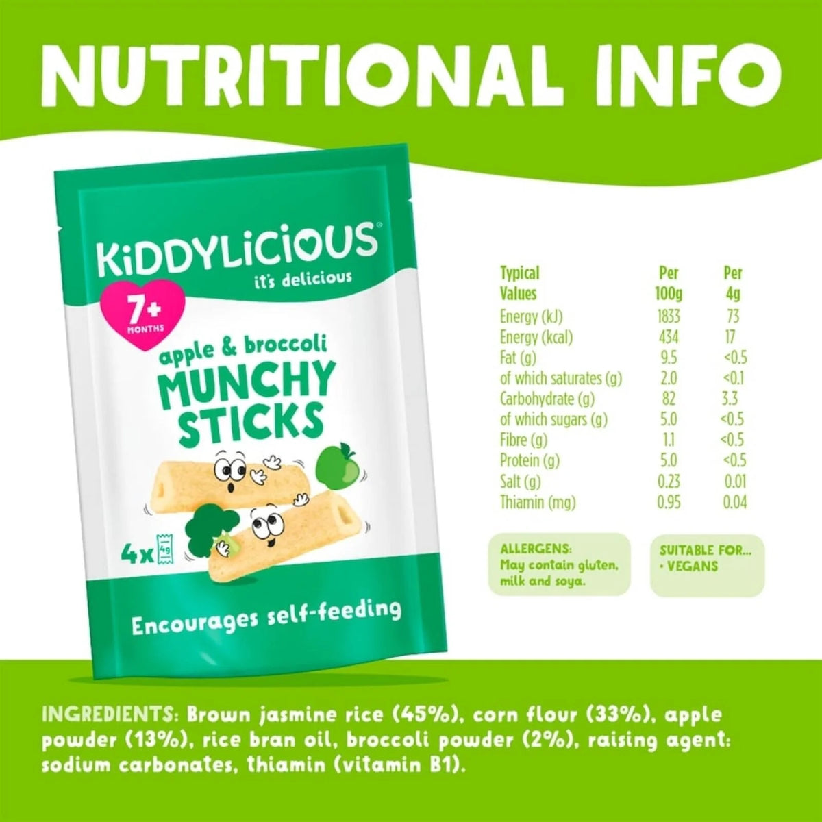Kiddylicious Apple & Broccoli Munchy Sticks 7+ months 16g (4x4g)