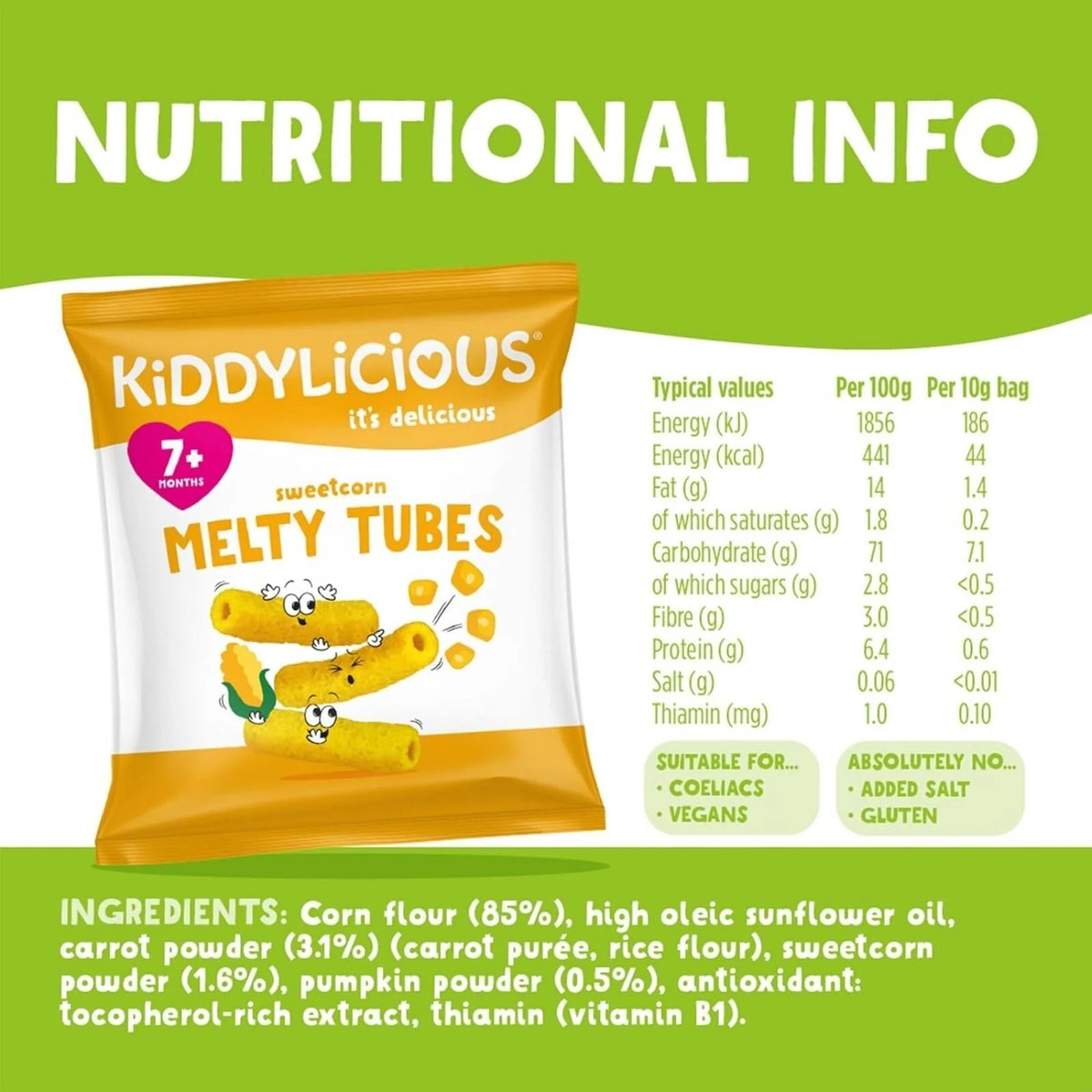 Kiddylicious Sweetcorn Melty Tubes 7+ months 400g (10x4g)