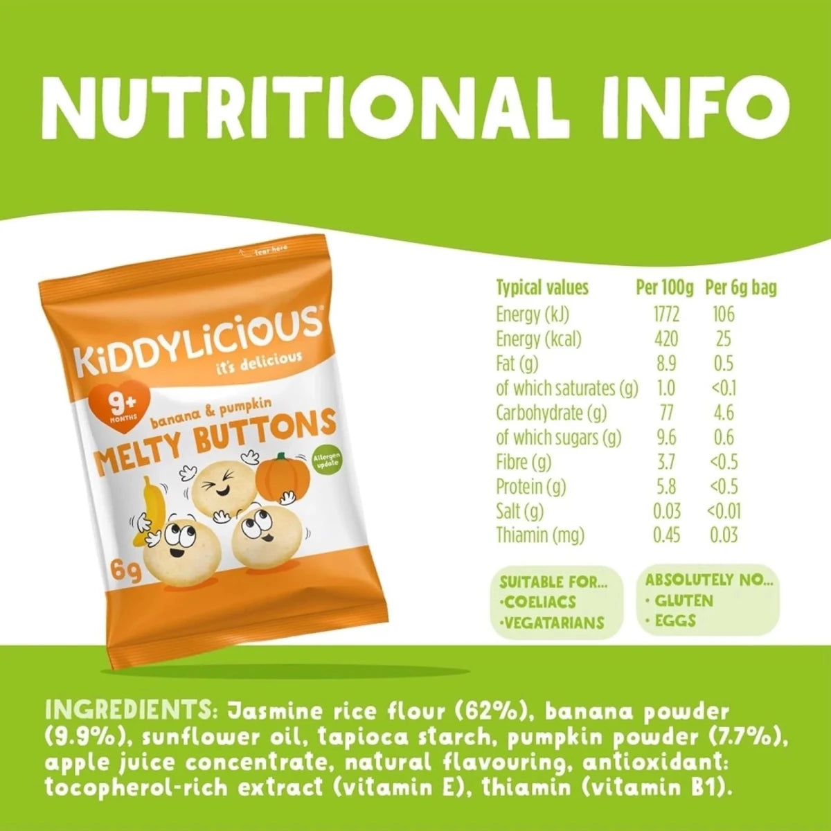 Kiddylicious Banana & Pumpkin Melty Buttons 9+ months 30g (5x6g) - ebebek