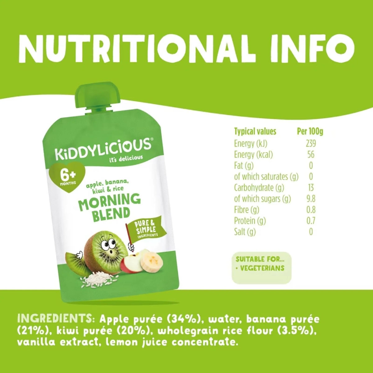 Kiddylicious Pouches Morning Blend Kiwi Rice 6+ months 100g