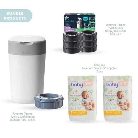 Tommee Tippee Twist & Click Nappy Bin & 6 Refill Cassettes & 2 baby me Newborn Size 1 Nappies Bundle - ebebek