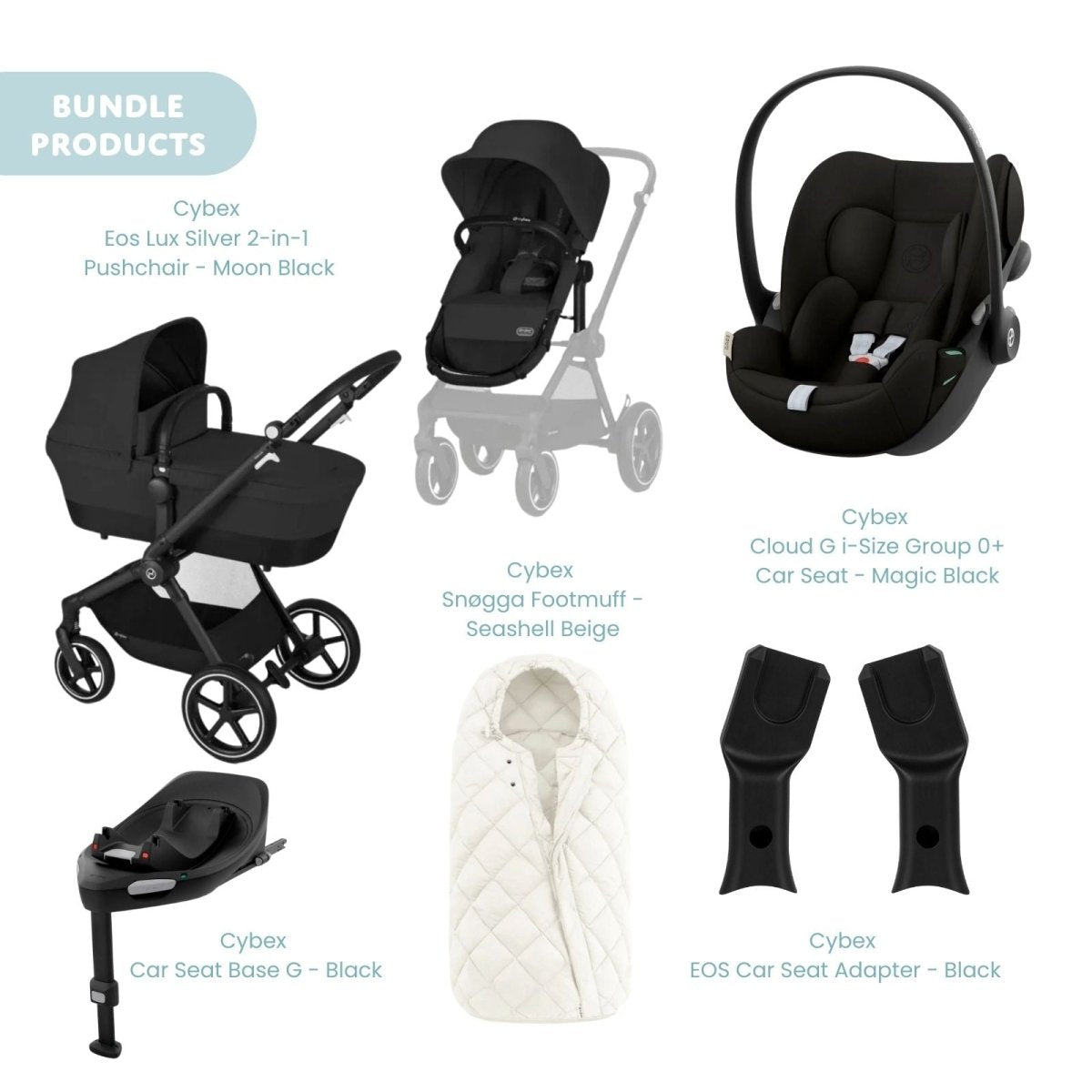 Cybex Eos Lux Silver 2 - in - 1 Pushchair with Cloud G Car Seat & Base & Snøgga Footmuff Travel System Bundle - Moon Black - ebebek - Christmas