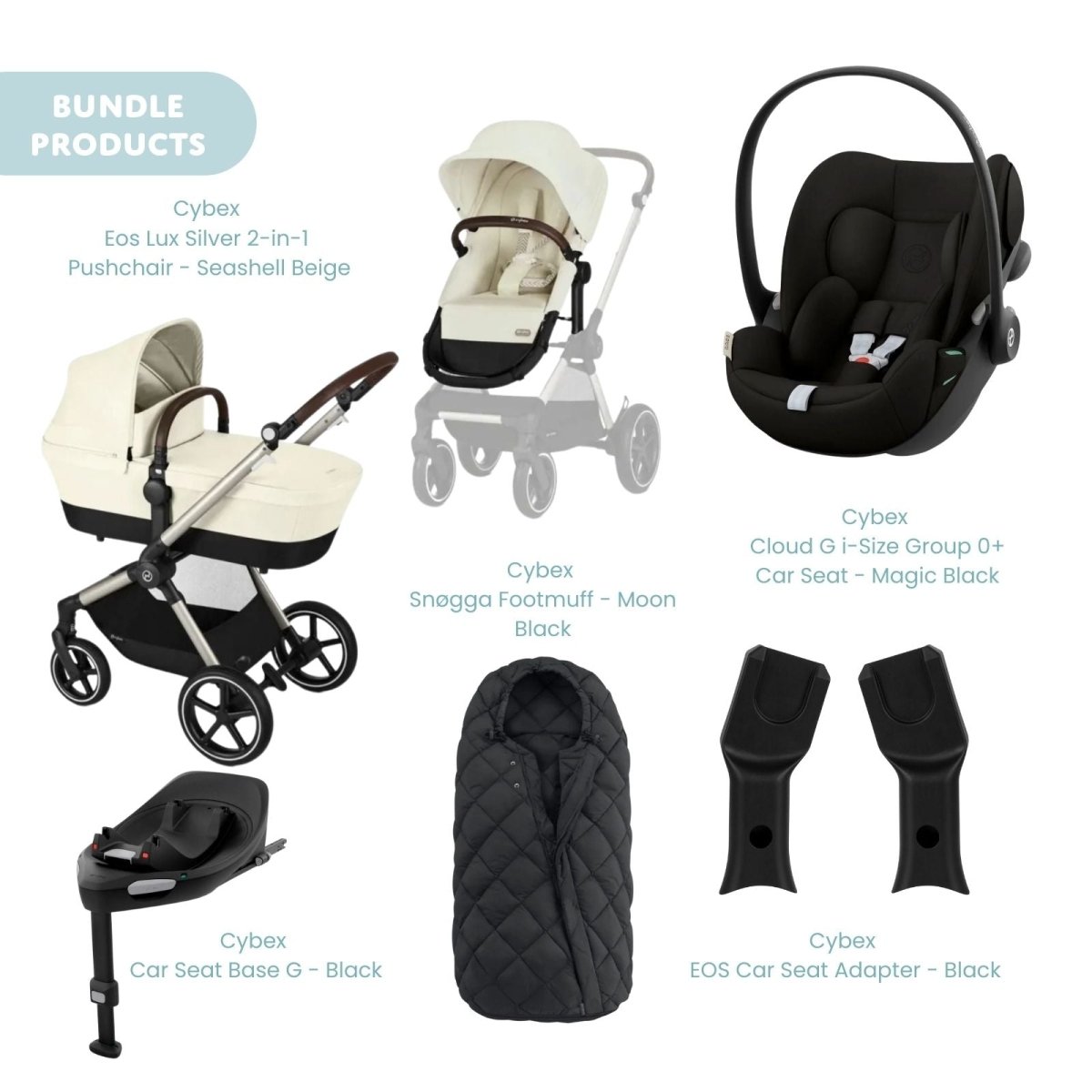Cybex Eos Lux Silver 2 - in - 1 Pushchair with Cloud G Car Seat & Base & Snøgga Footmuff Travel System Bundle - Seashell Beige - ebebek - Christmas