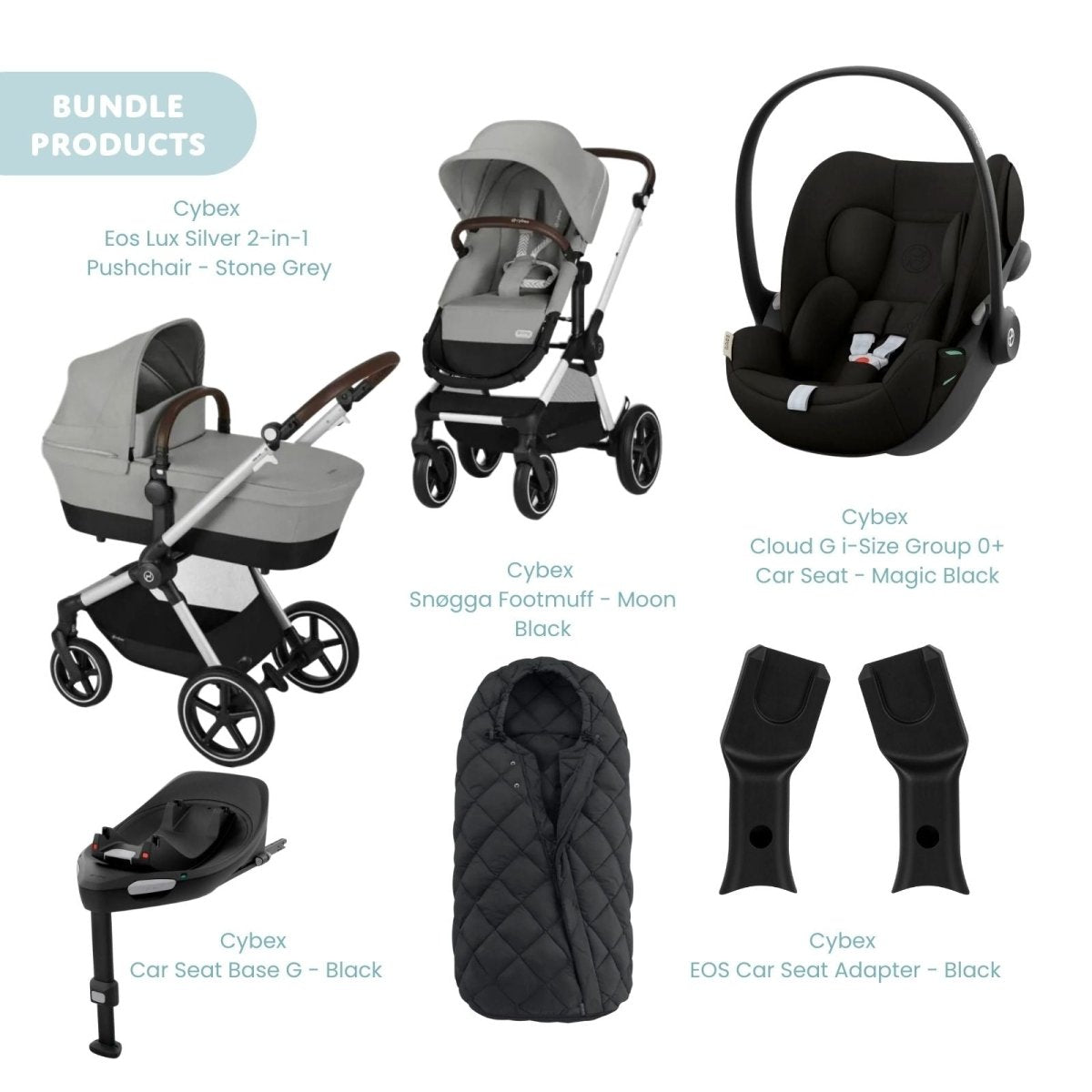 Cybex Eos Lux Silver 2 - in - 1 Pushchair with Cloud G Car Seat & Base & Snøgga Footmuff Travel System Bundle - Stone Grey - ebebek - Christmas