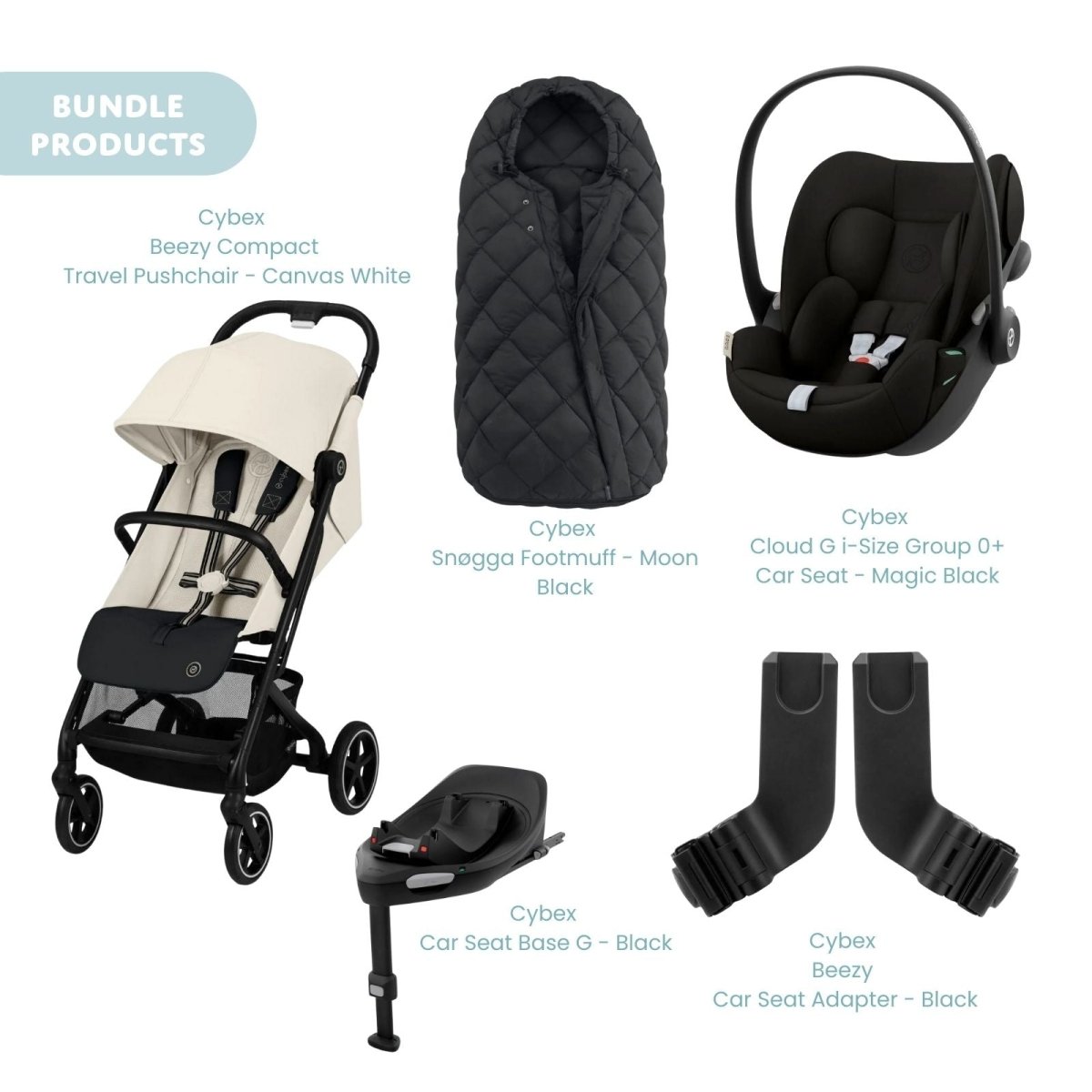 Cybex Beezy Compact Pushchair with Cloud G Car Seat & Base & Snøgga Footmuff Travel System Bundle - Canvas White - ebebek - Christmas