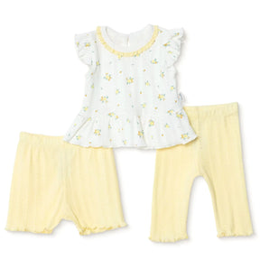 Bebetto Girls Blouse & Leggings Set Floral Print Snap Fastening Bloom Frill Neck Full Length Short S - Yellow Yellow - ebebek