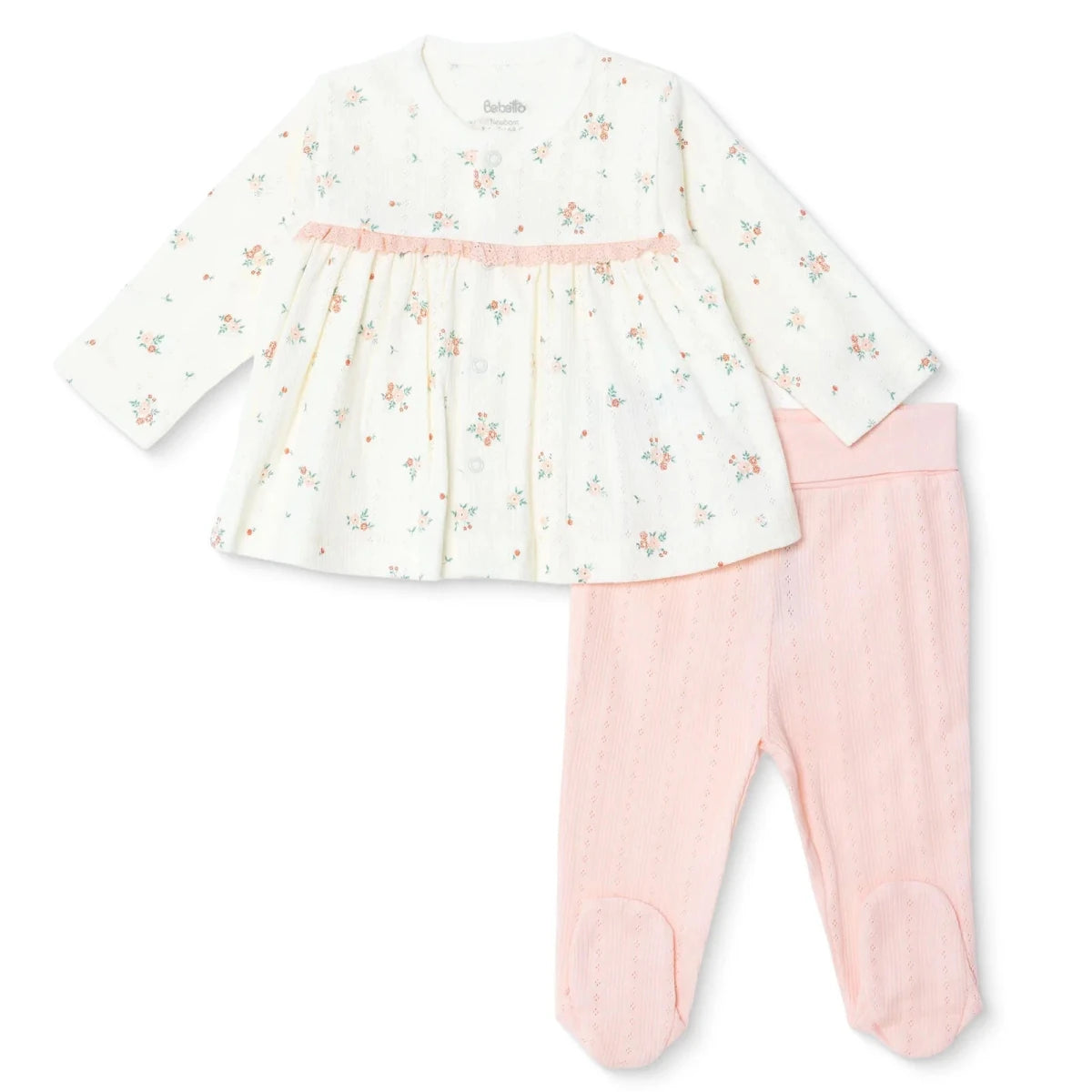 Bebetto Girls Cardigan & Footed Trousers Set Floral Print Snap Fastening Bloom Crew Neck Full Length - Pink Pink - ebebek