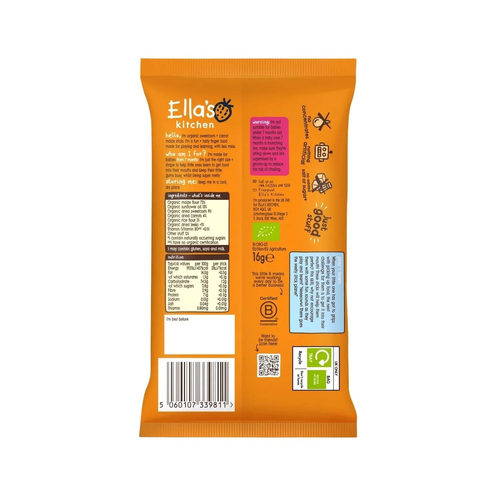 Ella's Kitchen Organic Sweetcorn & Carrot Melty Sticks Baby Snack 7+ months 16g - ebebek - Black Friday