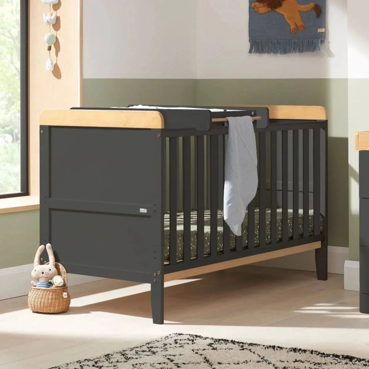 Tutti Bambini Rio Cot Bed with Cot Top Changer & Mattress - Slate/Honey Oak Slate/Honey Oak - ebebek