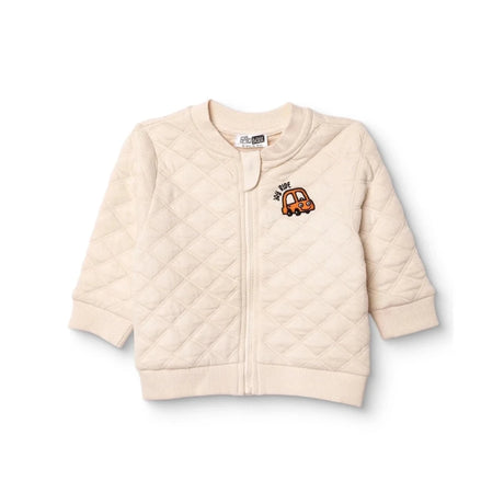 HelloBaby Boys Quilted Cardigan Zip Fastening Little Car Mandarin Collar Long Sleeve - Ecru Ecru - ebebek
