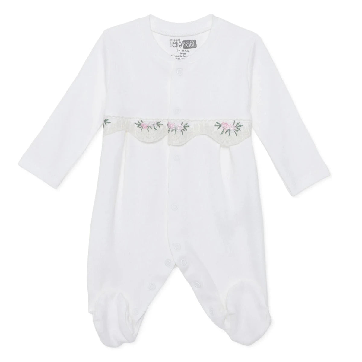 Baby Girl Footed Sleepsuit Floral Print Snap Fastening Crew Neck - White White - ebebek