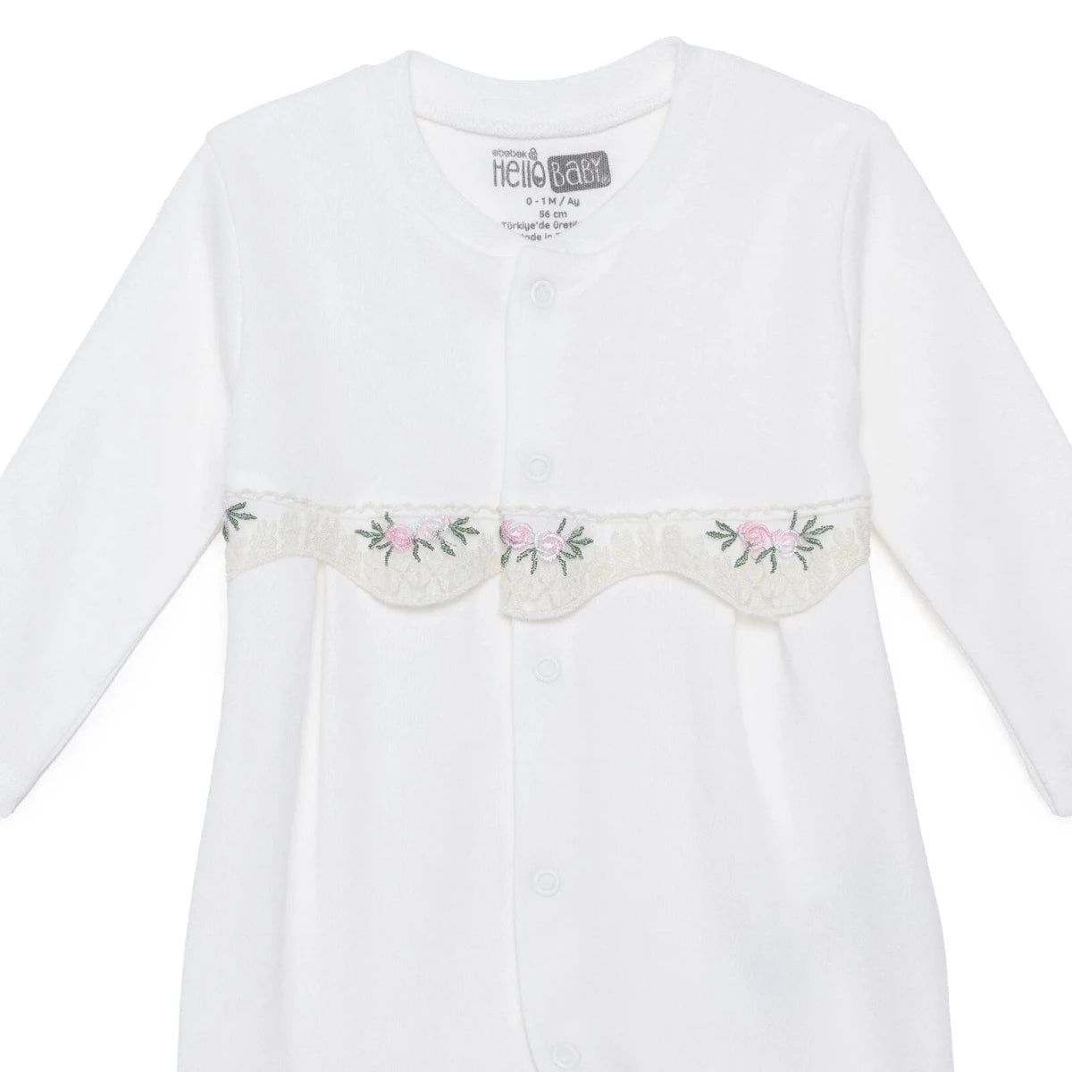 Baby Girl Footed Sleepsuit Floral Print Snap Fastening Crew Neck - White White - ebebek