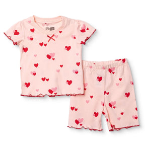 Baby Girl Short Sleeve Pyjamas Set Heart Print Snap Fastening Crew Neck - Pink Pink - ebebek