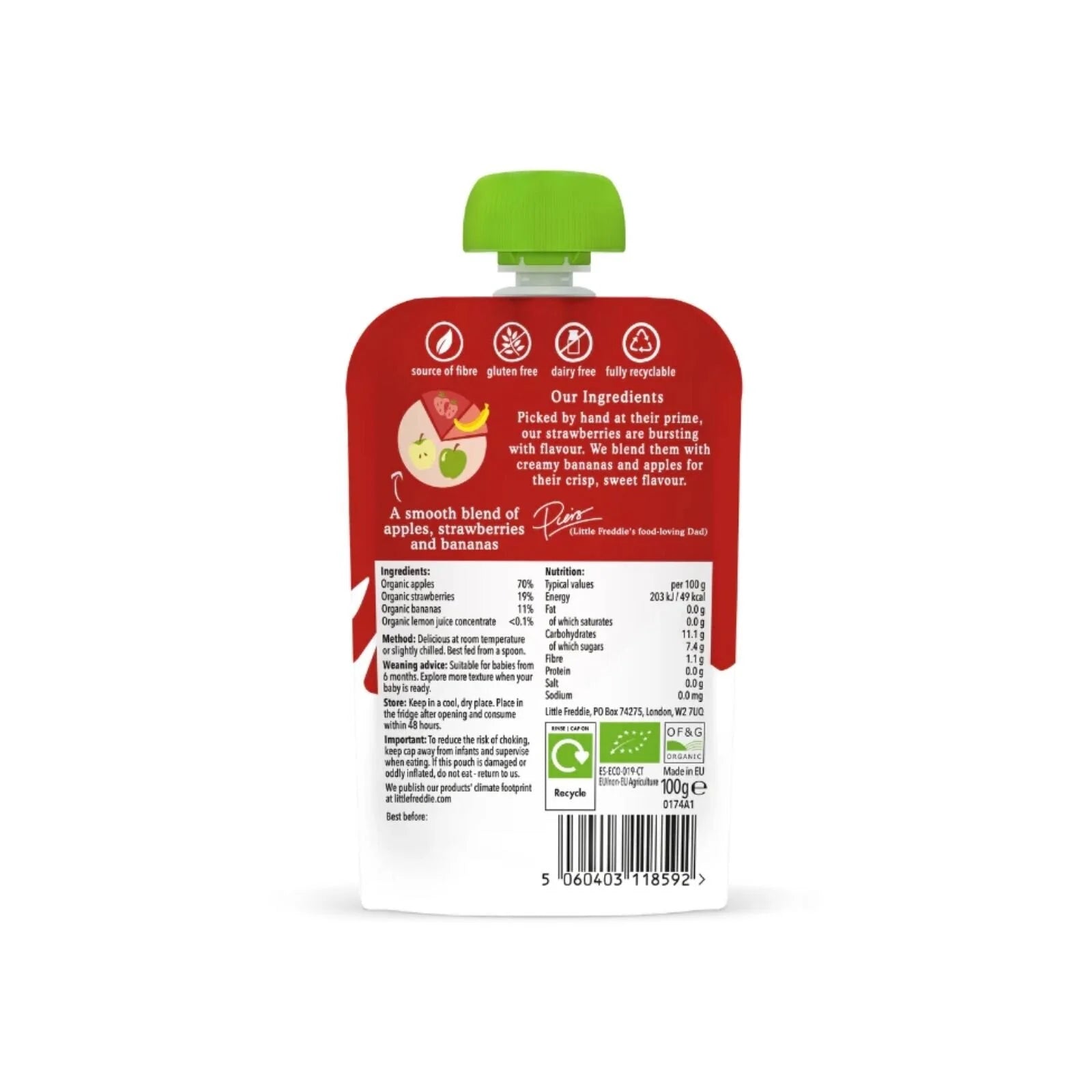 Little Freddie Organic Good for Brains Strawberries Bananas & Apples Baby Food Pouch with Omega 3 6+ months 100g - ebebek - Black Friday