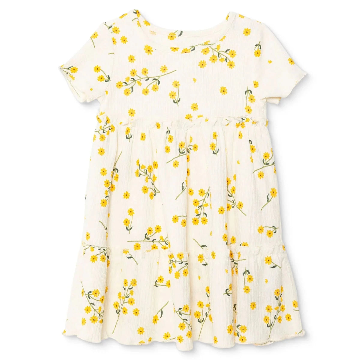 HelloBaby Girls Dress Floral Print Buttoned Sun Flower Crew Neck Short Length Short Sleeve - Ecru Printed Ecru Printed - ebebek