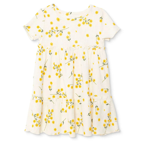 HelloBaby Girls Dress Floral Print Buttoned Sun Flower Crew Neck Short Length Short Sleeve - Ecru Printed Ecru Printed - ebebek