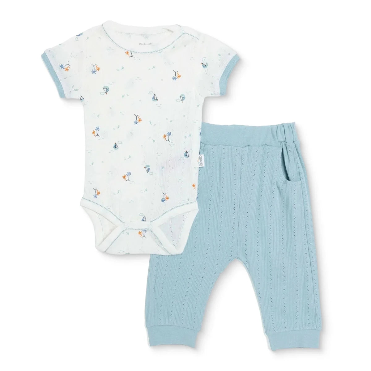 Bebetto Boys Bodysuit & Footless Bottom Set Nautical Print Snap Fastening Palm in the Sea Crew Neck - Petrol Green Petrol Green - ebebek