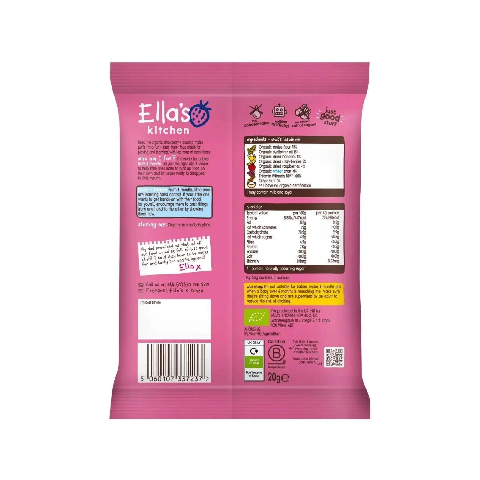 Ella's Kitchen Organic Strawberry & Banana Melty Puffs Baby Snack 6+ months 20g - ebebek - Black Friday
