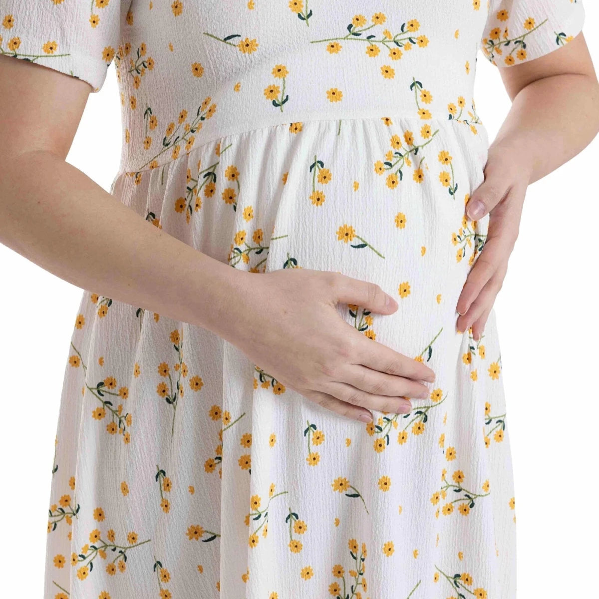 Baby Mom Mother Maternity Dress Daisy Print Crew Neck Full Length Short Sleeve - Ecru Printed Ecru Printed - ebebek