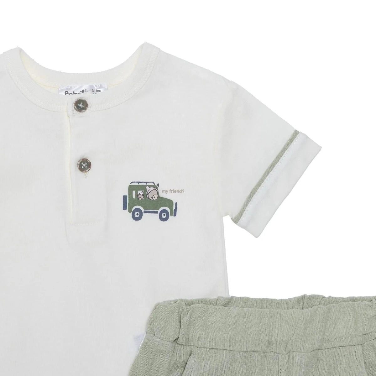 Bebetto Boys T-shirt & Shorts Set Car Print Buttoned Adventure Crew Neck Short Length Short Sleeve - Green Green - ebebek
