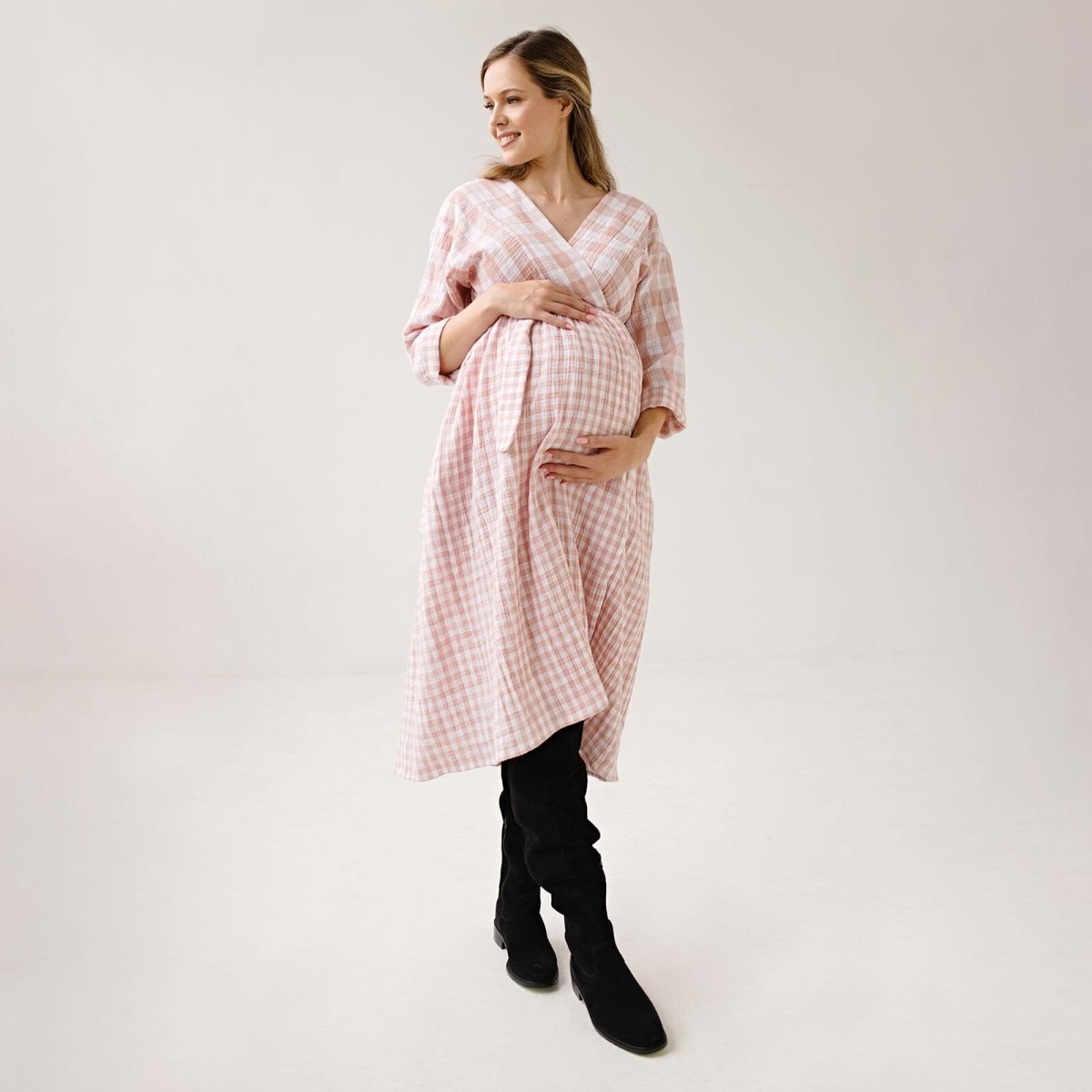 Bump&Milk Teresita Organic Cotton Wrap Dress - Peach checkered - ebebek - Black Friday